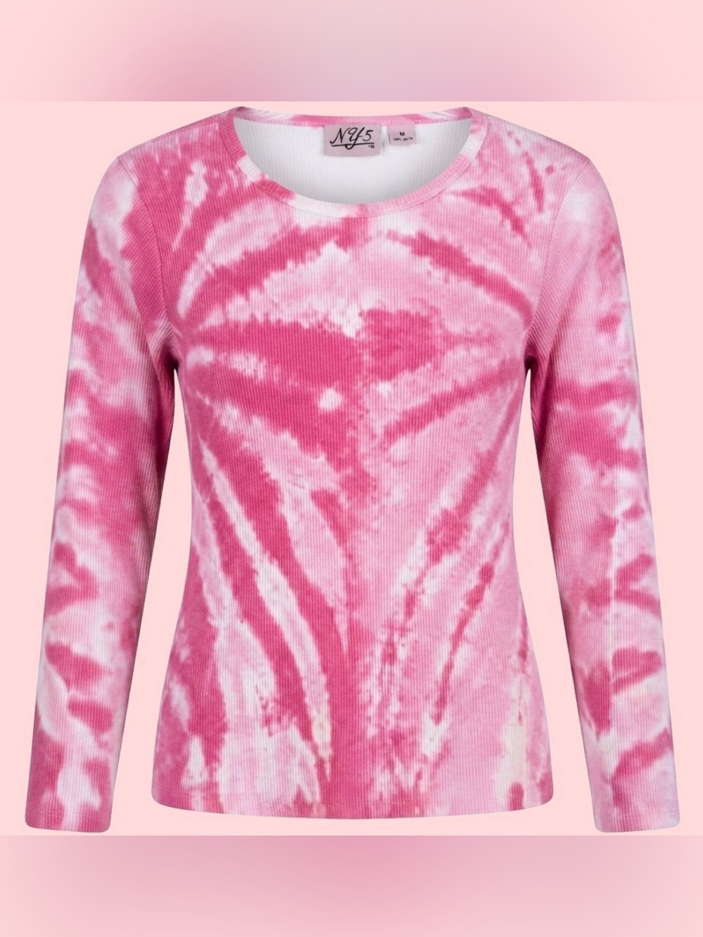 NY-5 Pink and White Ribbed Tie-Dye Long Sleeve Shirt, Women's Medium